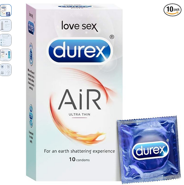 Durex Air Condoms for Men, Ultra Thin for HIGH Sensitivity, 10 Lubricated and Straight Walled Condoms - 10 Count