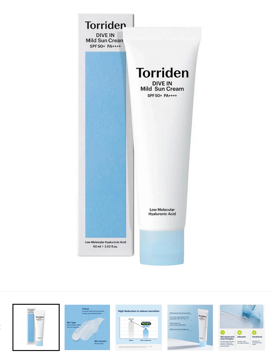 Torriden Dive In Mild Sun Cream SPF 50+ PA++++ (60ml) | Korean Mineral Sunscreen with Hyaluronic Acid & Zinc Oxide