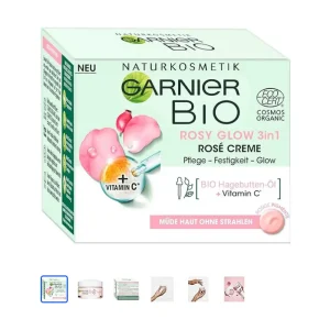 Garnier Face Cream, Bio Rosy Glow 3-in-1 Rose Cream, for tired, dull skin, gives the skin a youthful glow, nourishes and firms the skin with organic rose hip oil and vitamin C, 50 ml