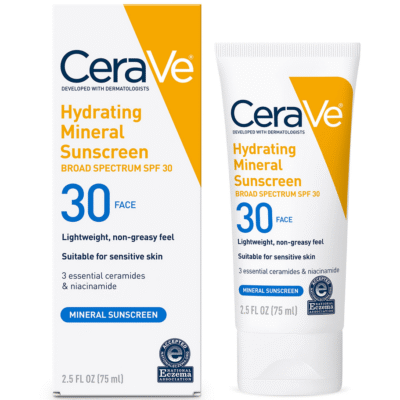 CeraVe 100% Mineral Sunscreen SPF 30, Face sunscreen With Zinc Oxide & Titanium Dioxide, Hyaluronic Acid + Niacinamide + Ceramides, Oil Free, Travel Size 2.5 oz
