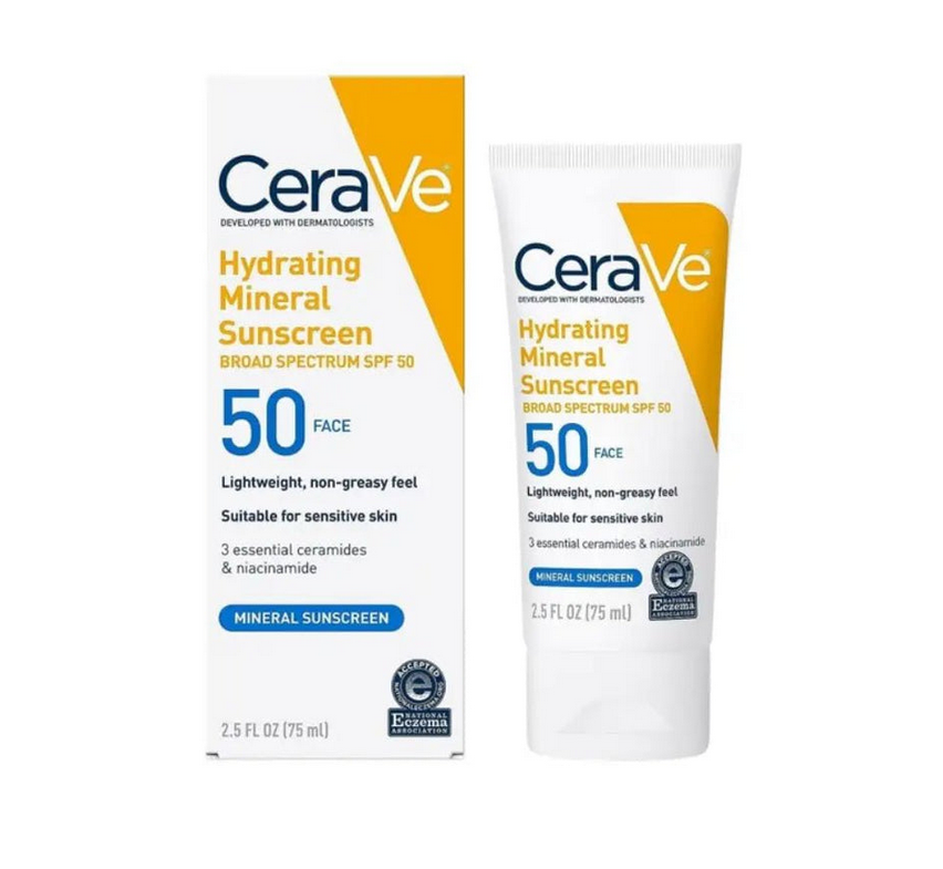 CeraVe 100% Mineral Sunscreen SPF 50, Face Sunscreen With Zinc Oxide & Titanium Dioxide For Sensitive Skin, With Hyaluronic Acid, Niacinamide, And Ceramides, 2.5 Oz