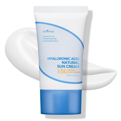 ISNTREE Hyaluronic Acid Natural Suncream SPF 50, Mineral Sunscreen, Gentle Tone-Up Effect, Hydrating Daily Sun Cream, Sensitive Skin Friendly, Korean Skincare, 50ml