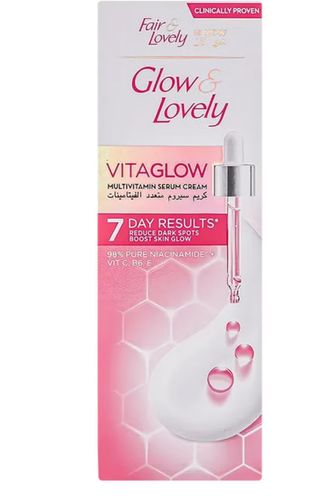 Glow & Lovely Vitaglow Multi-Vitamin Serum Cream Reduce Dark Spots Boost Skin Glow 98% Pure Niacinamide + Vit C B6 E 25 G