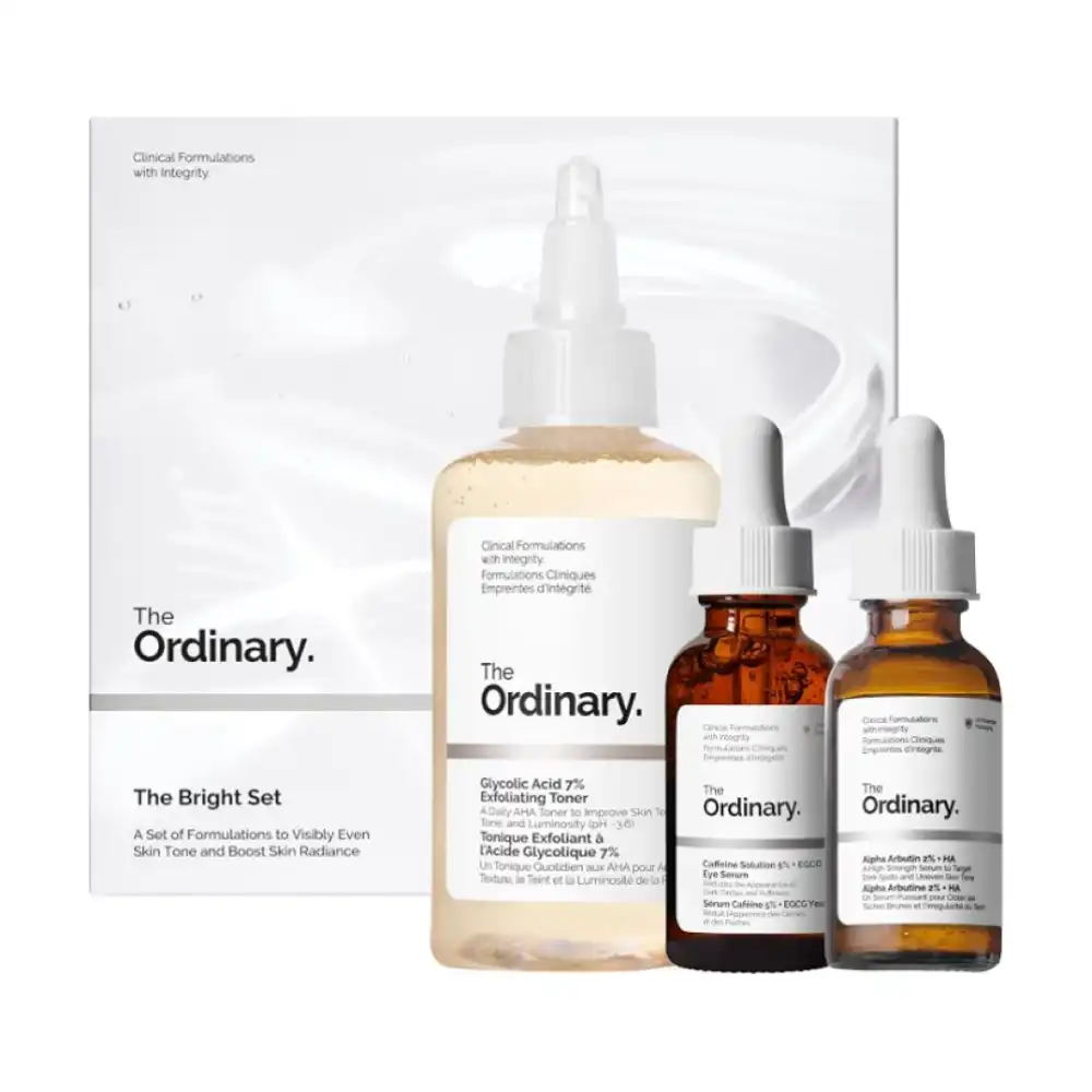 ORDINARY The Ordinary The Bright Set, 3-Step Regimen for Radiant, Even Skin Tone with Glycolic Acid 7% Exfoliating Toner, Alpha Arbutin 2% + HA, and Caffeine Solution 5% + EGCG Eye Serum | Skin Care Set